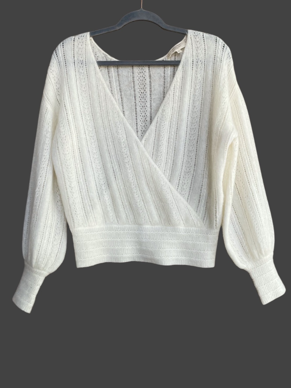 SEZANE Ecru Cream Mohair Wool Reversible V Neck Pointelle Knit Cristina Sweater - Picture 12 of 17